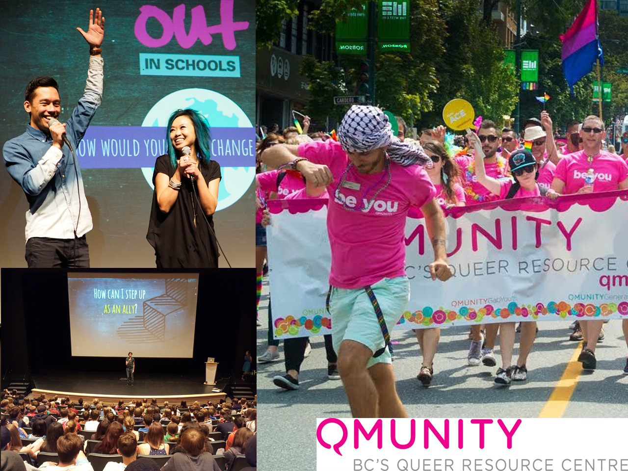 Collage of people public speaking and going on parade labeled "Qmunity: BC's Queer Resource Centre"